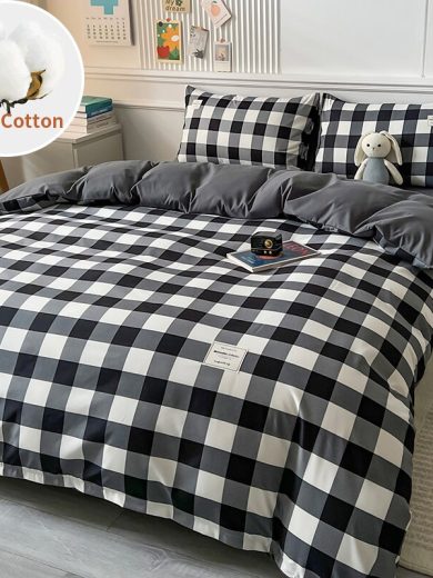 100% Cotton Black Plaid Simple StyleBedding Set,A/B Side,1 Duvet Cover,2 Pillowcase,Breathable,No Bed Sheet
