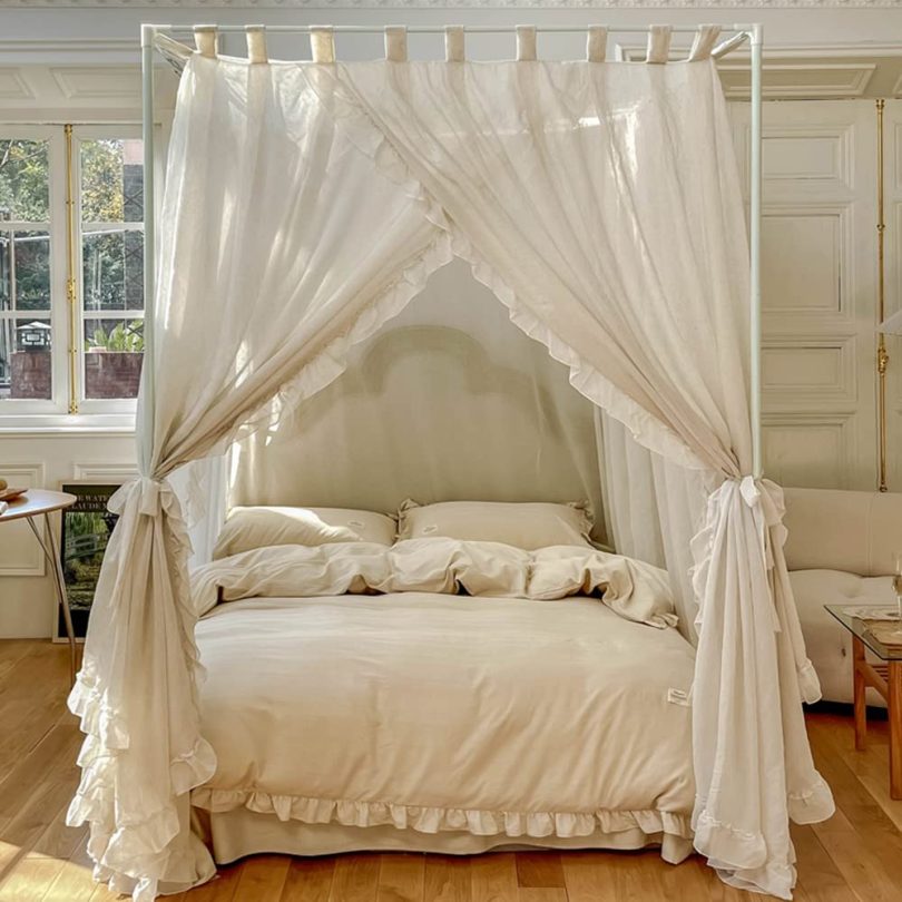 Pastoral Linen Canopy Bed Curtains with Ruffles, Large Elegant Bed Canopy Curtains Sheer Curtains with Racks Full Set - Image 3