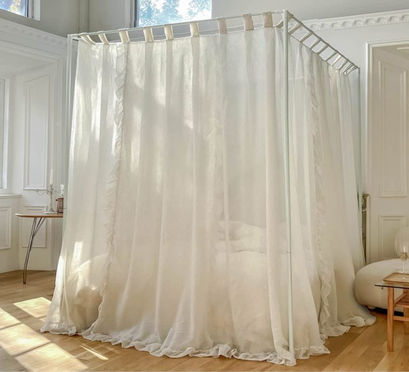 Pastoral Linen Canopy Bed Curtains with Ruffles, Large Elegant Bed Canopy Curtains Sheer Curtains with Racks Full Set - Image 4