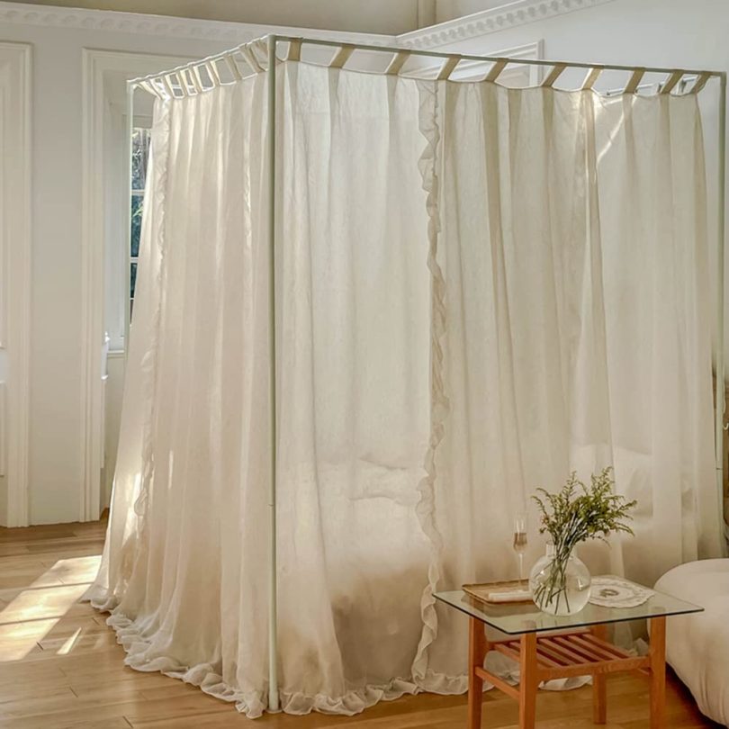 Pastoral Linen Canopy Bed Curtains with Ruffles, Large Elegant Bed Canopy Curtains Sheer Curtains with Racks Full Set - Image 5