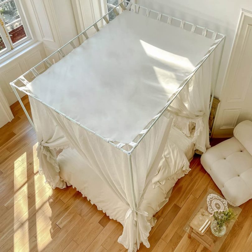 Pastoral Linen Canopy Bed Curtains with Ruffles, Large Elegant Bed Canopy Curtains Sheer Curtains with Racks Full Set - Image 6