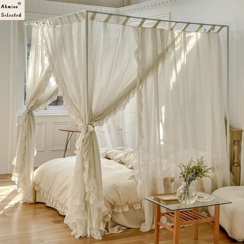 Pastoral Linen Canopy Bed Curtains with Ruffles, Large Elegant Bed Canopy Curtains Sheer Curtains with Racks Full Set