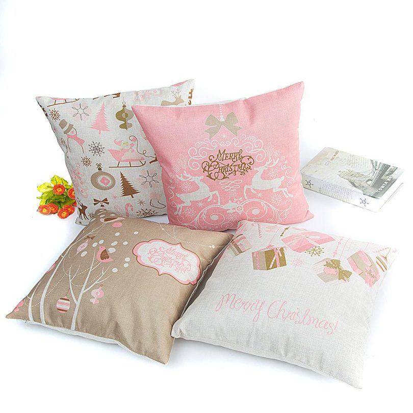 Pink Pillow Case Christmas Merry Print Pattern Sofa Cushion Pillow Case Home Decoration Party Car Bedding - Image 4