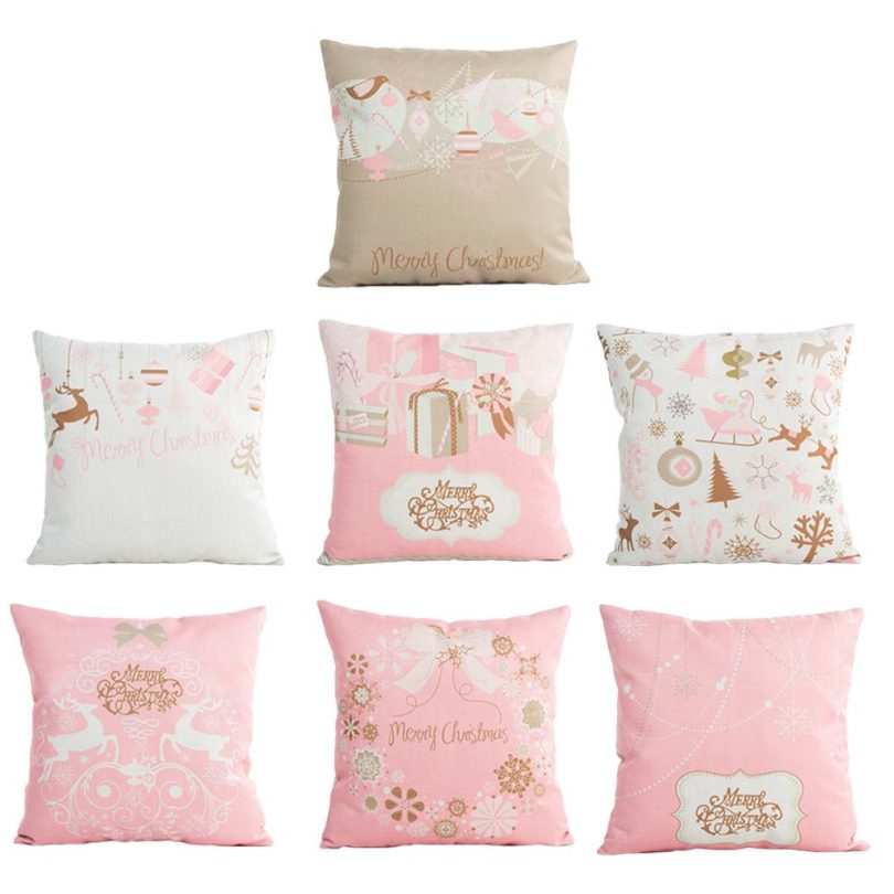 Pink Pillow Case Christmas Merry Print Pattern Sofa Cushion Pillow Case Home Decoration Party Car Bedding